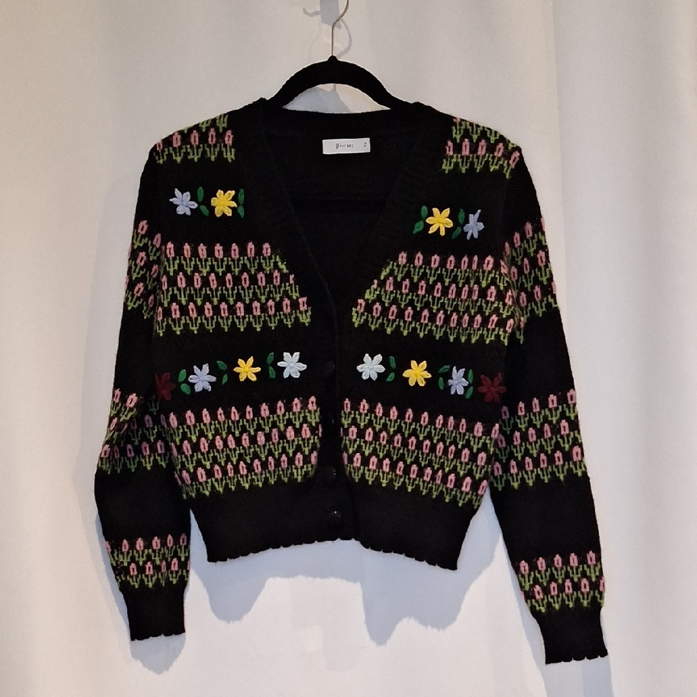 VIC BEE Floral Embroidered Patterned Black Cardigan